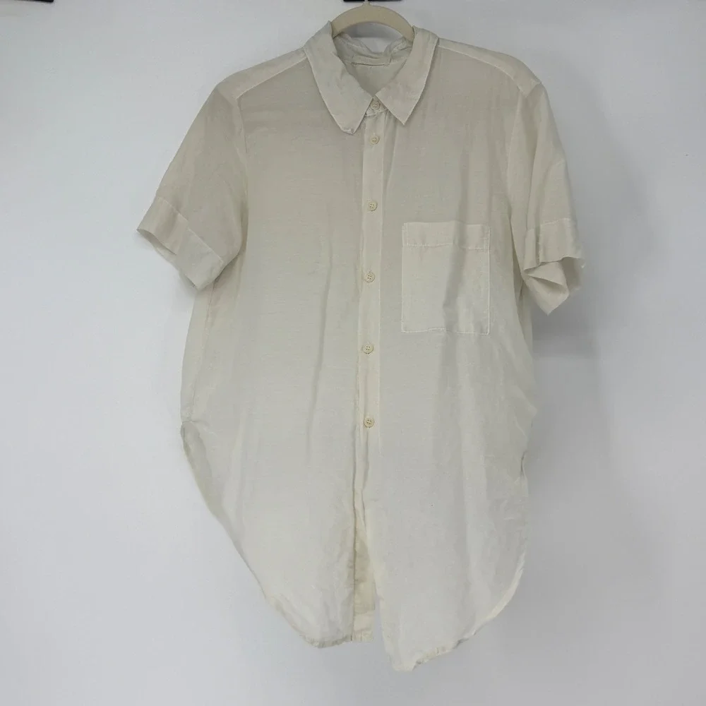 CP Shades Silk Cotton Button Front Shirt Ivory Short Sleeve Pocket Womens S